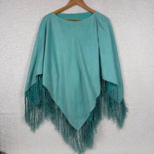 Symphony Designs Teal Turquoise Suede Cloth Fringe Poncho Cape Scarf Wrap